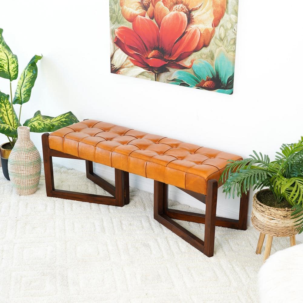 Tan Leather and Teak Wood Mid-Century Modern Bench