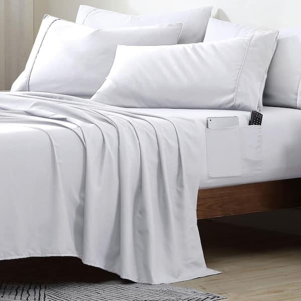 King Size Microfiber Sheet Set with 8 in. Double Storage Side Pockets, White