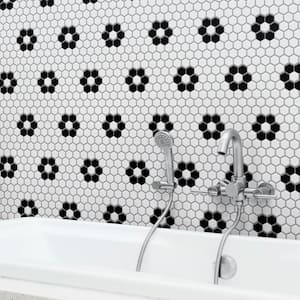 Metro 1 in. Hex Glossy White with Flower 10-1/4 in. x 11-7/8 in. Porcelain Mosaic Tile (8.6 sq. ft./Case)
