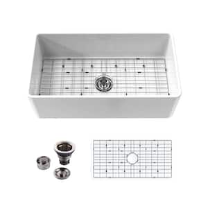 33 in. Farmhouse Apron Front Undermount Single Bowl White Fireclay Kitchen Sink with Grid and Strainer