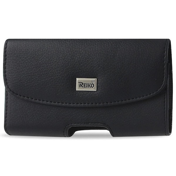 REIKO Horizontal Leather Pouch With Embossed Logo in Black for Samsung and iPhone (5.8X3.0X0.7 in.)