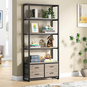 Earlimart 70.9 in Gray Bookcase, 5-Tier Etagere Bookshelf with 4 Drawers, Living Room