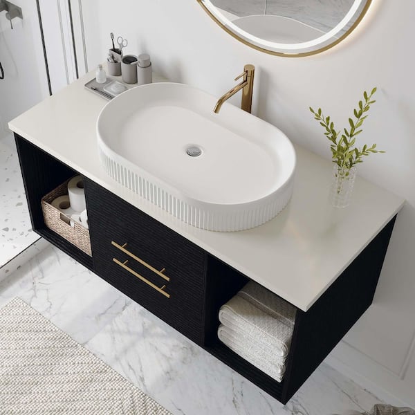 40 in. Single Sink Wall Mounted Black Bath Vanity with White Wood Top and Ceramic Vessel Sink Requires Assembly​