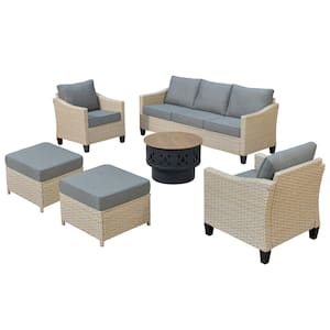 Oconee 6-Piece Wicker Outdoor Patio Conversation Sofa Seating Set with a Wood-Burning Fire Pit and Dark Gray Cushions