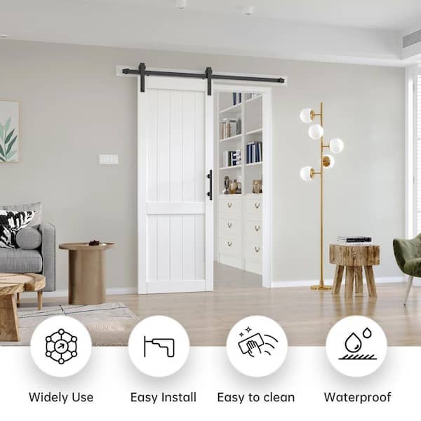 32 in. W. x 84 in. White DH Shape MDF Sliding Barn Door with Hardware Kit