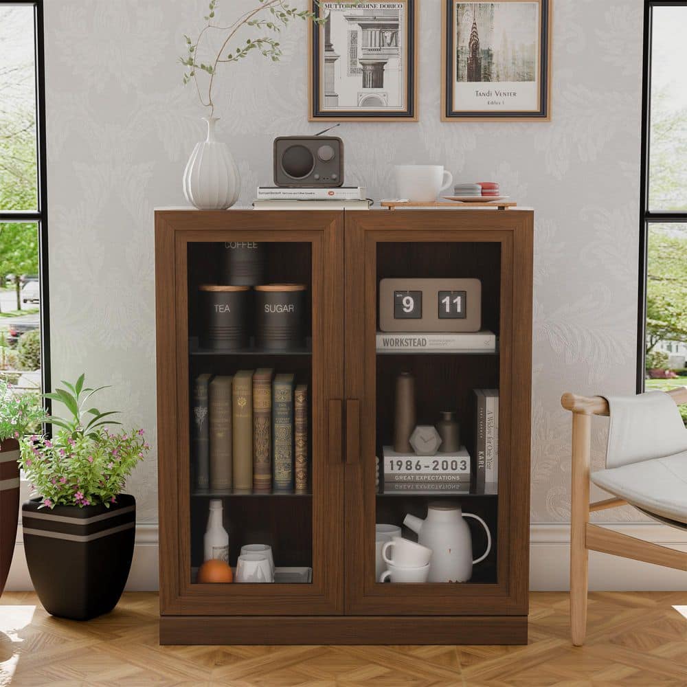Lirago Solid Wood Light Walnut 36 in. H Storage Cabinet with