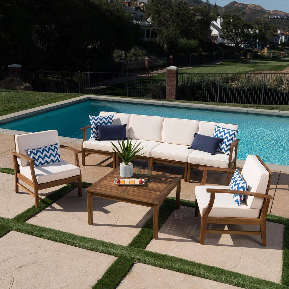 Teak Wood 6-Person Outdoor Sofa and Armchair Set with Cream Cushions