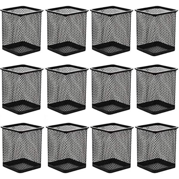 12-Pack Black Mesh Metal Pencil Holder Cup Square Desk Organizer Pen Holder for Office School Supplies