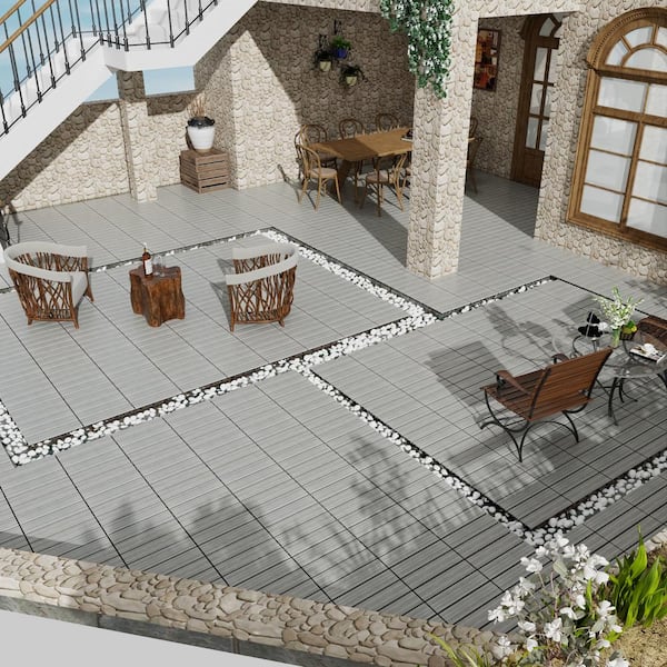 GOGEXX 11.8 in. W x 11.8 in. L Outdoor Striped Pattern WPC Composite Interlocking Flooring Deck Tiles (Set of 22) in Dark Gray