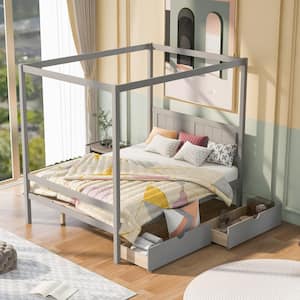 Gray Full Size Canopy Platform Bed with 2-Drawers, Slat Support Leg