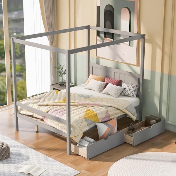 GODEER 80 in. W Gray Full Size Canopy Platform Bed with 2-Drawers, with Slat Support Leg