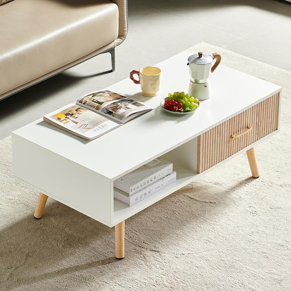 Tileon White Rectangle Coffee Table with Solid Wood Legs, Sliding Drawer for Storage