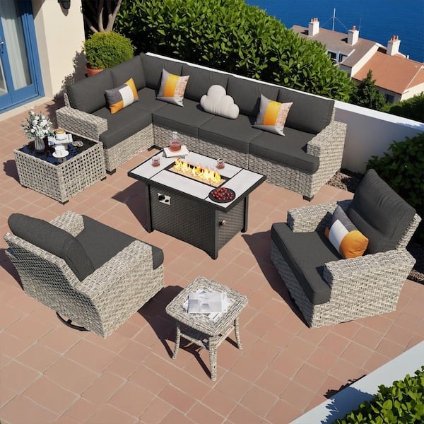 Aurea 10-Pieces Wicker Outerdoor Patio Rectangular Fire Pit Set with Black Cushions