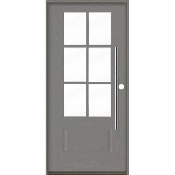 Krosswood Doors Modern Faux Pivot 36 in. x 80 in. 6-Lite Left-Hand/Inswing Clear Glass Malibu Grey Stain Fiberglass Prehung Front Door