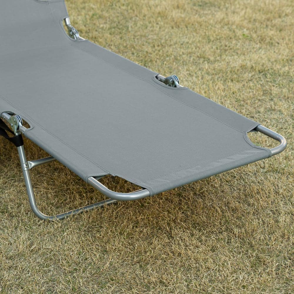 Gray Folding Outdoor Chaise Lounge with Pillow and Arm Slots