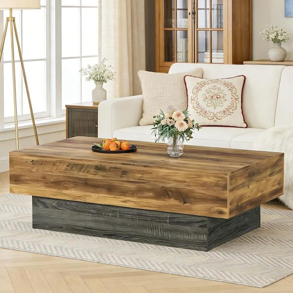Allan 55.12 in. Brown and Grey Rectangle MDF Coffee Table with Thick Block Base and Spacious Tabletop for Living Room