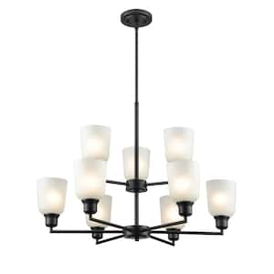 Amberle 29.25 in. 9-Light Matte Black Chandelier Light with Frosted White Glass