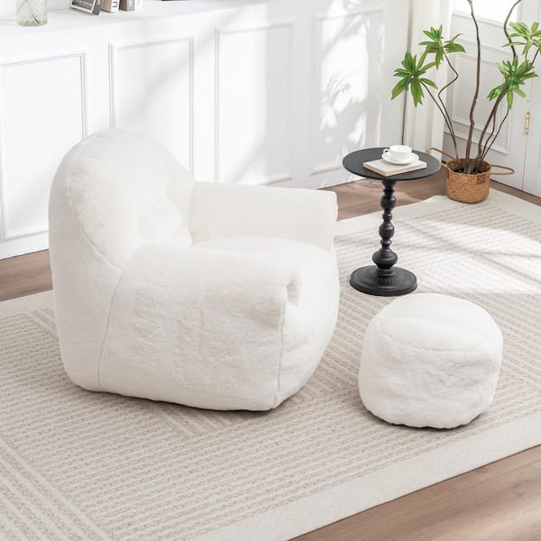 Elijah White Faux Fur Bean Bag Chair with Back Support and Footstool