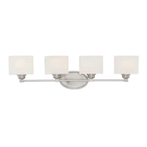 Kane 33 in. W x 8.5 in. H 4-Light Satin Nickel Bathroom Vanity Light with Etched Glass Shades