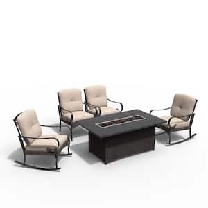 Sandy Black 5-Piece Aluminum Patio Fire Pit Conversation Sofa Set with Beige Cushions