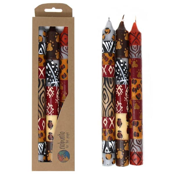 Global Craft Unscented Hand-Painted Red Dinner Candles Boxed Uzima Design (Set of 3)