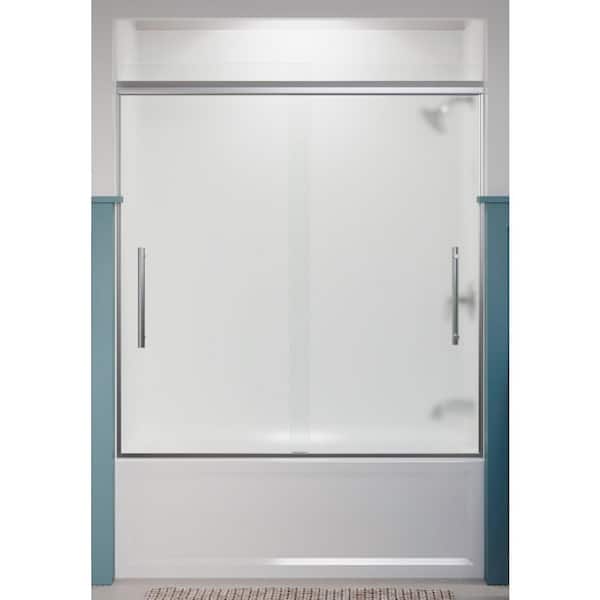KOHLER Pleat 55-60 in. x 64 in. Frameless Sliding Bathtub Door in Bright Polished Silver with Frosted Glass