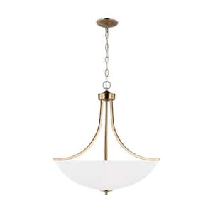 Geary Large 4-Light Satin Brass Traditional Contemporary Hanging Shaded Pendant with Satin Etched Glass Shade