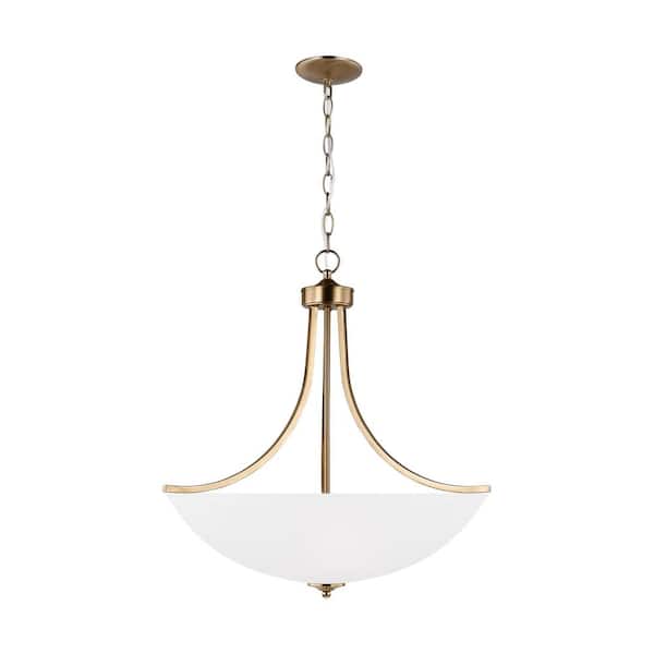 Generation Lighting Geary Large 4-Light Satin Brass Traditional Contemporary Hanging Shaded Pendant with Satin Etched Glass Shade