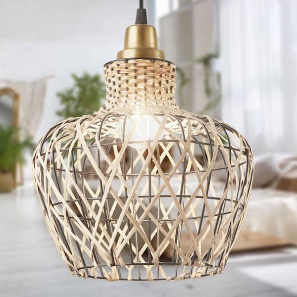 Rudy 1-Light Tan, Black, and Gold Hanging Pendant with Basket-Weave Rattan Shaded