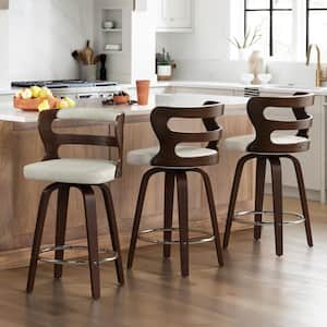 Arabela 26 in. Beige Gray Solid Wood Swivel Bar Stool Faux Leather Kitchen Counter Stool with Walnut Frame Set of 3