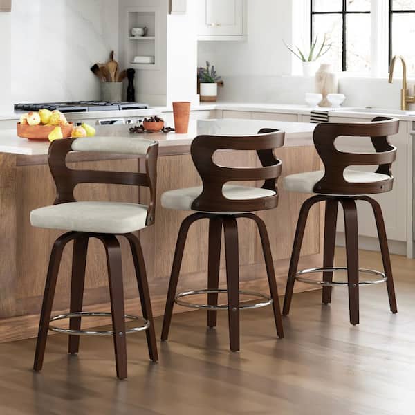 cozyman Arabela 26 in. Beige Gray Solid Wood Swivel Bar Stool Faux Leather Kitchen Counter Stool with Walnut Frame Set of 3