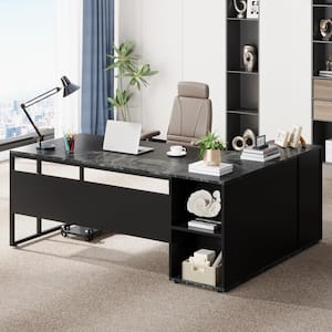 Lanita 71 in. L Shaped Black Engineered Wood Executive Desk Large Computer Desk with File Cabinet for Home Office