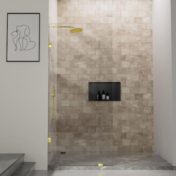 mortix 34 in. W x 78 in. H Fixed Panel Frameless Shower Door Screen in Brushed Gold with 3/8 in. (10mm) Clear Glass