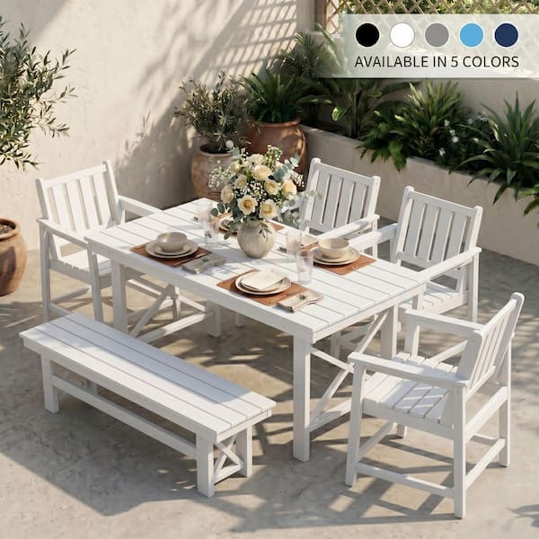 White 6-Piece HDPE Plastic Patio Outdoor Dining Set with Bench, Arm Chairs and Rectangular Table