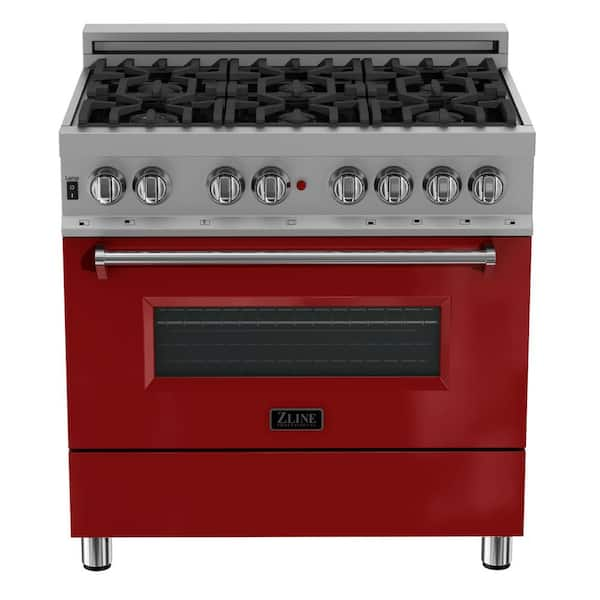 ZLINE KITCHEN & BATH Gas range 36-in 6 Burners 4.6-cu ft Convection Oven  Freestanding Natural Gas Range (Durasnow Stainless Steel with Red Gloss  Door) at