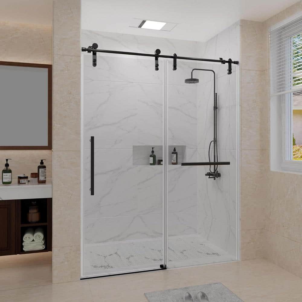 Black Frameless Sliding Shower Door with Clear Tempered Glass