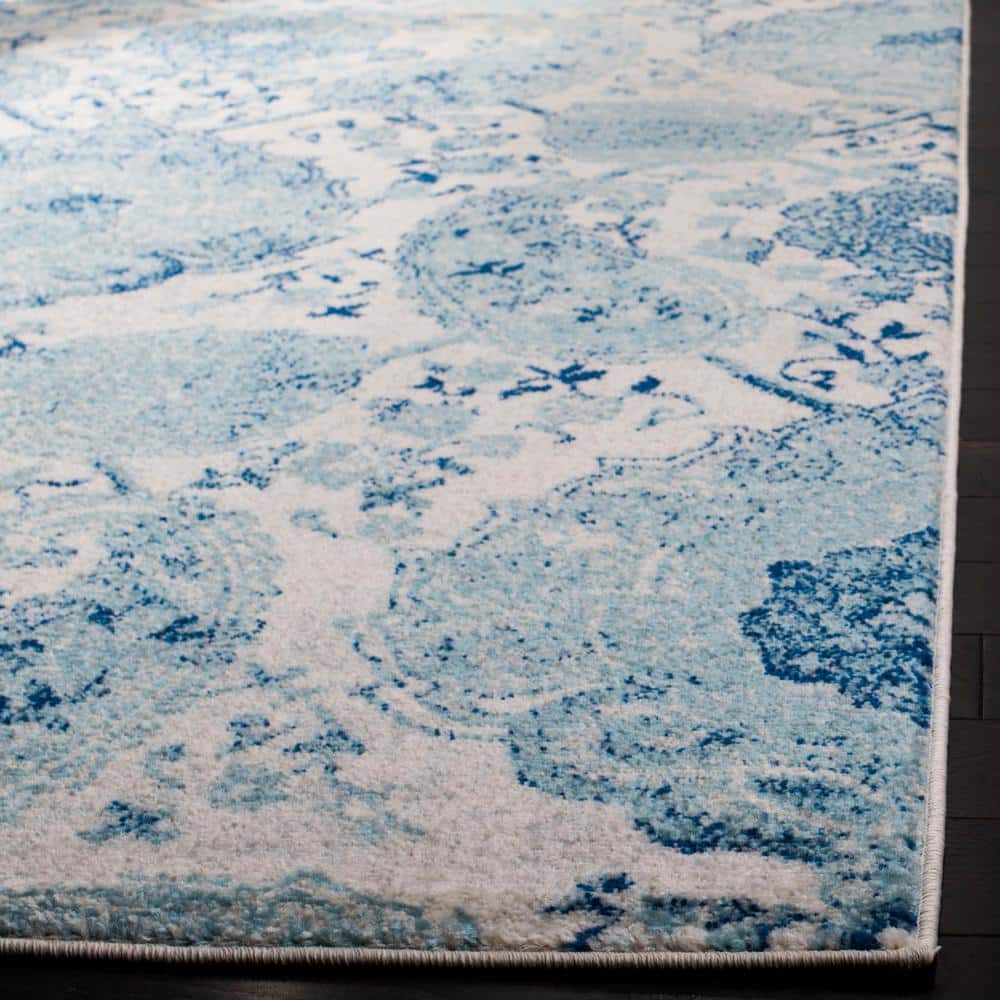 Cream and Turquoise Synthetic Hand-knotted Runner Rug