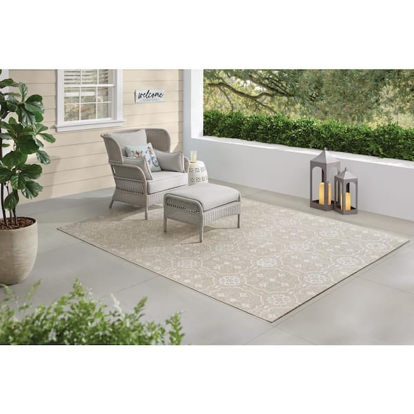 Gray 2 ft. x 7 ft. Runner Neutral Tiles Indoor/Outdoor Area Rug