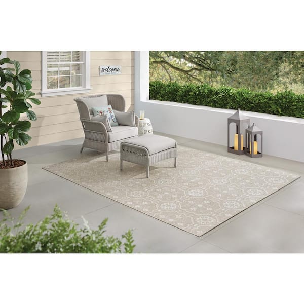 Neutral 8 ft. x 10 ft. Tiles Indoor/Outdoor Area Rug