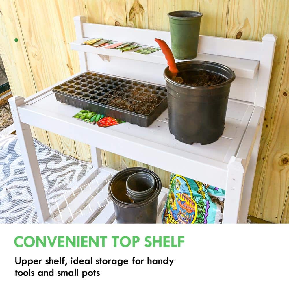 White Vinyl Outdoor Potting Bench with Lower Storage Shelf