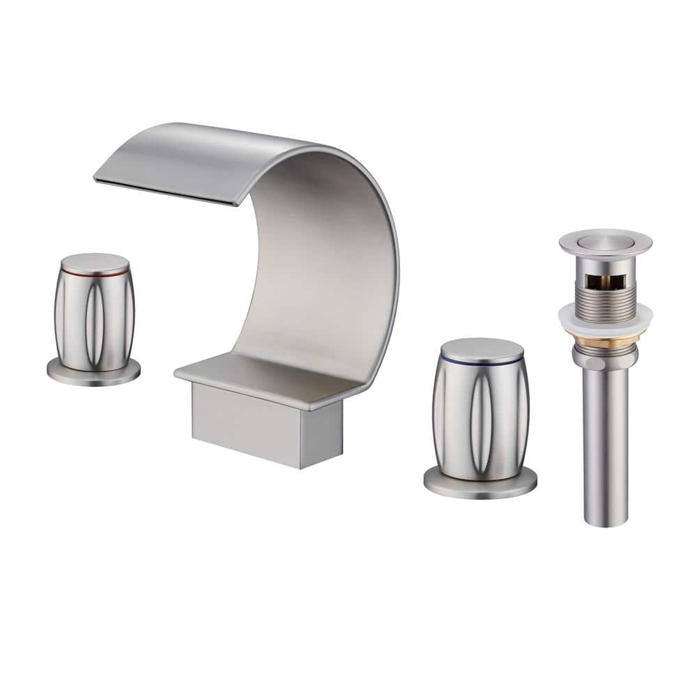 Mondawe Luxury C Arc Waterfall Spout 2-Handle 8 in. Widespread Bathroom Sink Faucet With Pop-up Drain in Brushed Nickel -  WF-1220-NB
