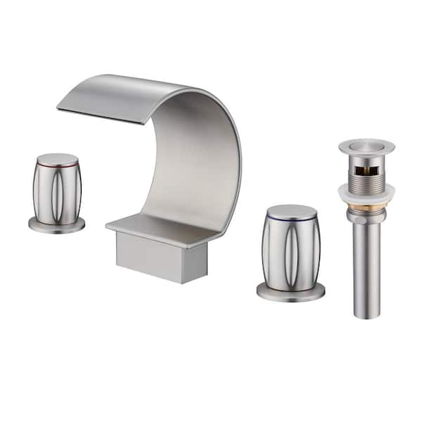 Mondawe Luxury C Arc Waterfall Spout 2-Handle 8 in. Widespread Bathroom Sink Faucet With Pop-up Drain in Brushed Nickel