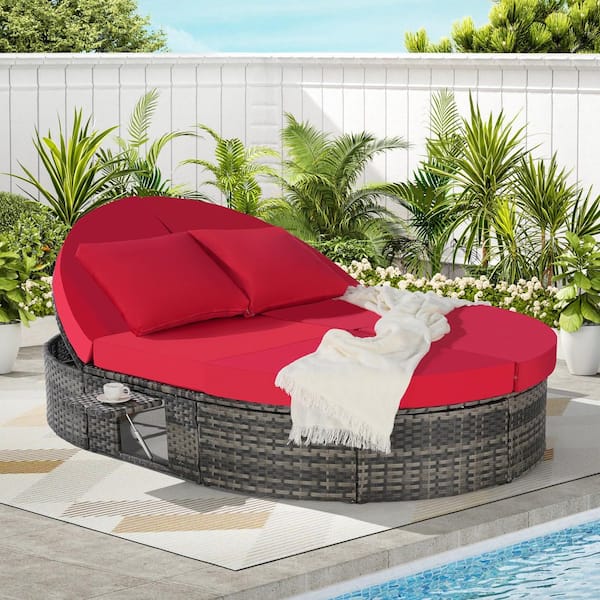 Sudzendf Gray Wicker Outdoor Day Bed with Red Cushions, Pillows, Adjustable Backrests and Foldable Cup Trays