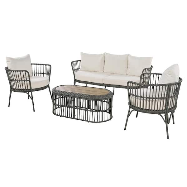 Unbranded 4-Piece Outdoor Wicker Patio Conversation Set with Beige Cushions, Patio Sectional Sofa Set with Coffee Table