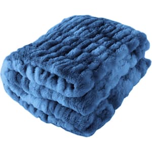 Oversized Blue Faux Fur Blanket - 60 x 80 in. Ruched Polyester Fur Blanket-Queen Blanket for Bed or Couch-Throw Blanket