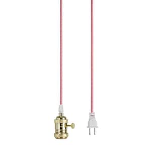 1-Light Polished Brass Vintage Plug-in Hanging Socket Pendant Fixture with Red and White Textile Cord