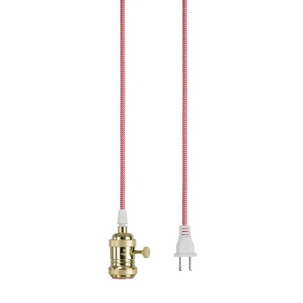 Aspen Creative Corporation 1-Light Polished Brass Vintage Plug-in Hanging Socket Pendant Fixture with Red and White Textile Cord