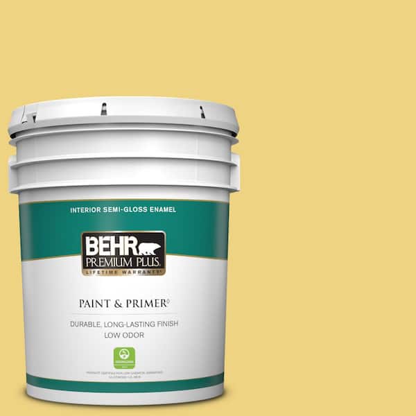 BEHR PREMIUM PLUS 5 gal. #380D-4 Feather Gold Semi-Gloss Enamel Low Odor Interior Paint & Primer