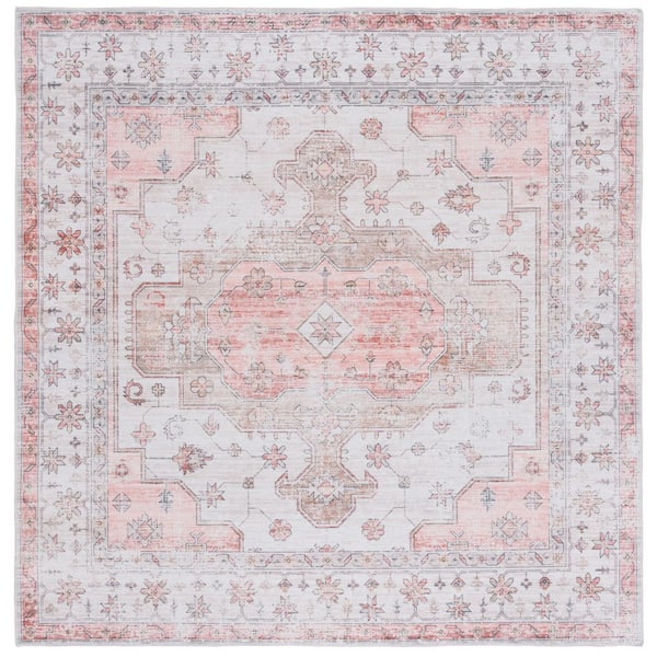 SAFAVIEH Arizona 6 ft. x 6 ft. Beige/Rust Machine Washable Distressed Aztec Floral square Area Rug