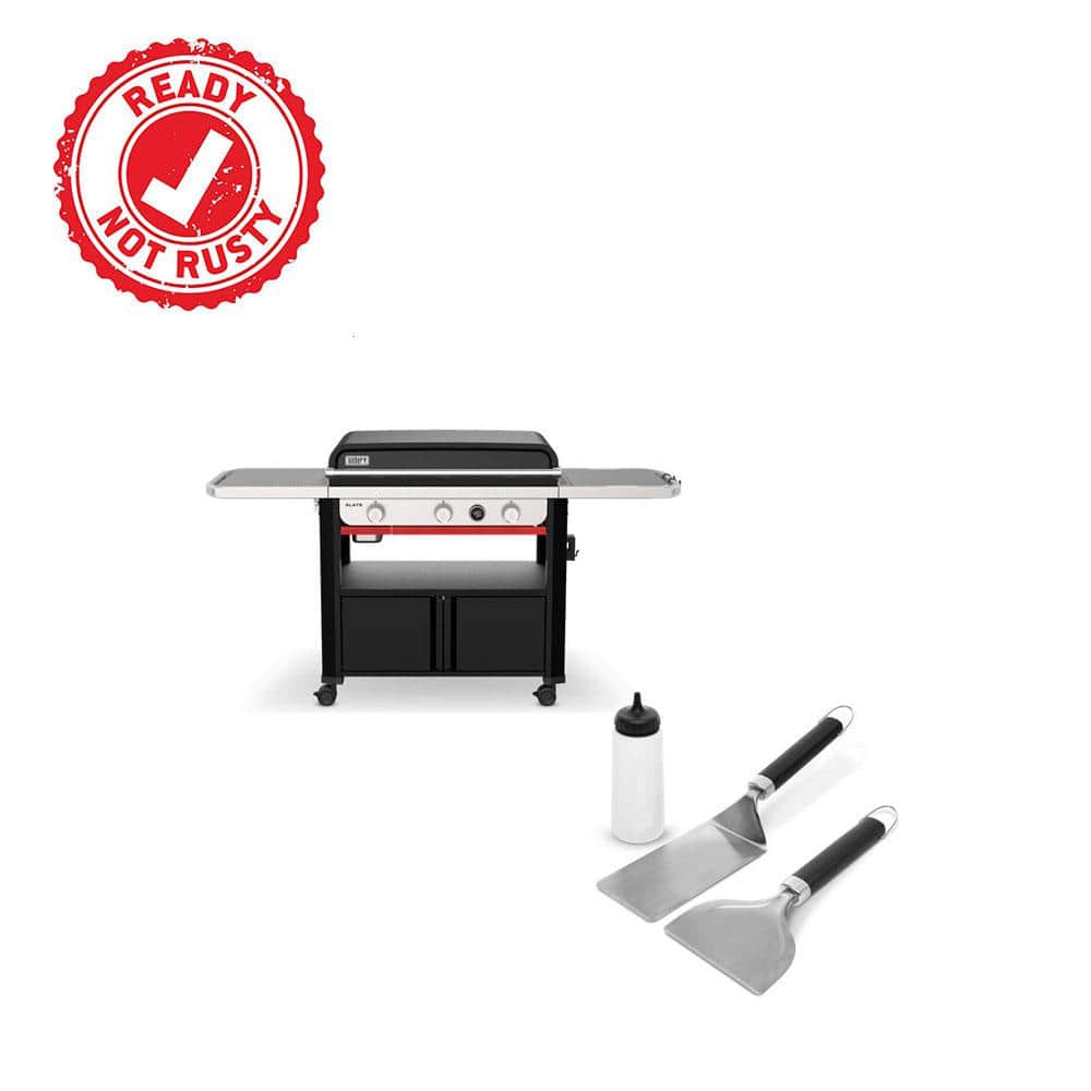 Slate Griddle 3-Burner Propane Gas 30 in. Flat Top Grill in Black with Thermometer and Griddle Starter Set